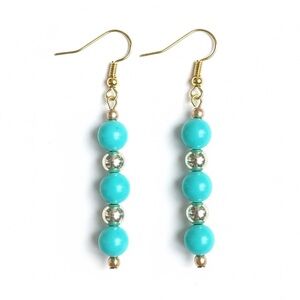 Turquoise Beaded Linear Drop Earrings with Silver Ball Accents & Gold Hooks